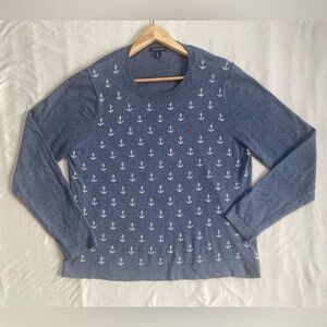 Lands' End Blue Anchor Print Crewneck Sweater